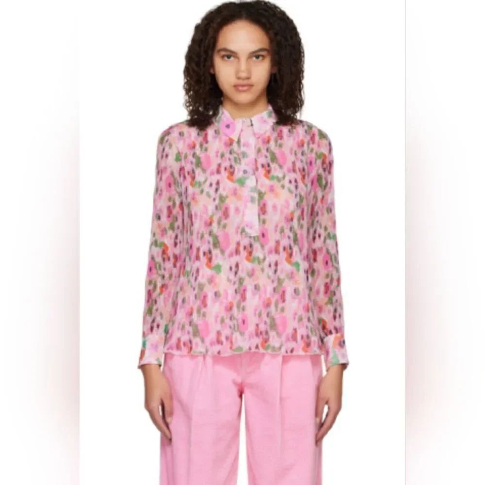 Ganni Floral Pleated Georgette Top 40 8/10 Gardencore Whimsical Barbiecore Boho
